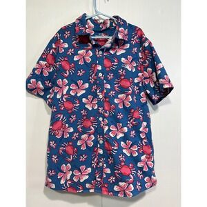 Vineyard Vines Button Down Shirt Kids Size L 16 Blue Pink Hibiscus Crab Hawaiian